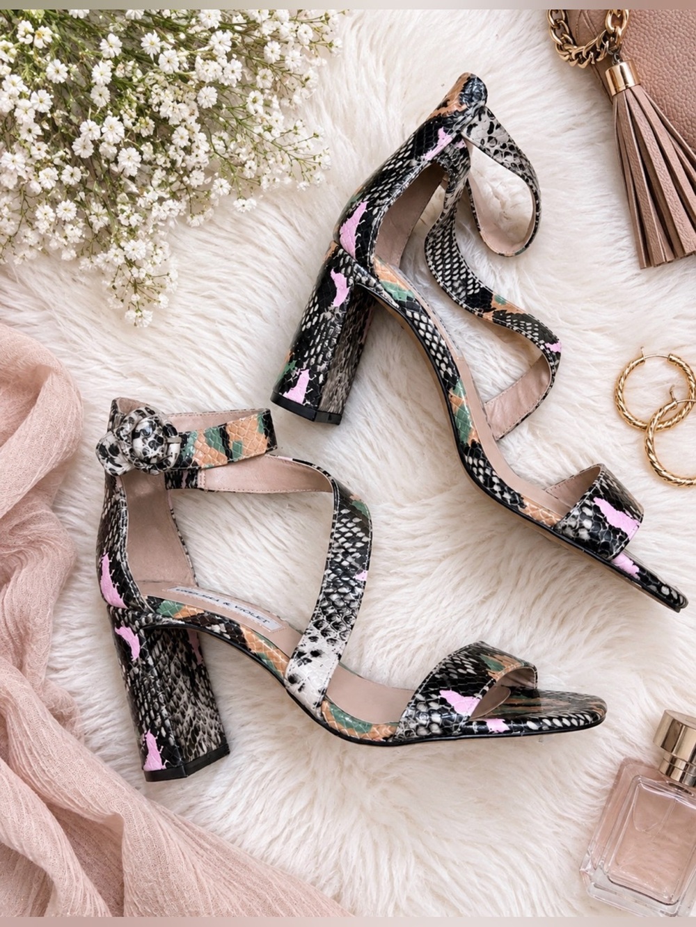 Multicolor Snakeskin Print Strappy Block Heel Sandals